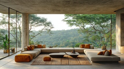 Fototapeta premium Modern concrete living room overlooking lush hills at sunrise