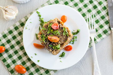 cooked bulgur with mushrooms and vegetables