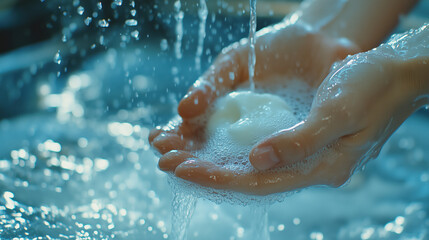 Fototapeta premium Close-up of Hand Washing with Soap Under Running Water in Bright Natural Light, Generative AI