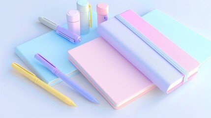 A modern study stationery set featuring pastel-colored notebooks, stylish markers, and highlighters, isolated on white. The smooth surfaces and lively tones enhance appeal.