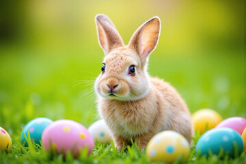 young rabbit in grassy area surrounded by colorful Easter eggs