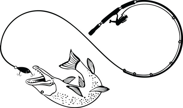 black and white fish catching lure fishing rod clip art preview