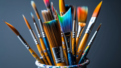 Fototapeta premium Paintbrushes showing vivid colors resting in a can on gray background