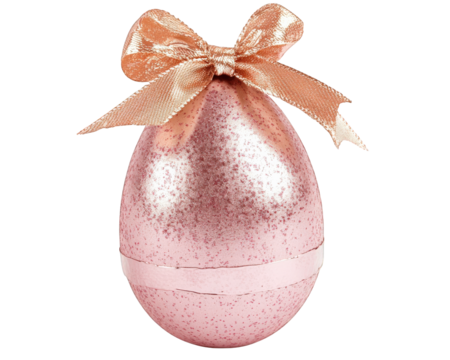 shiny pink Easter egg wrapped in glittery foil and adorned with ribbon, perfect for festive celebrations. This decorative piece adds charm to any holiday setting