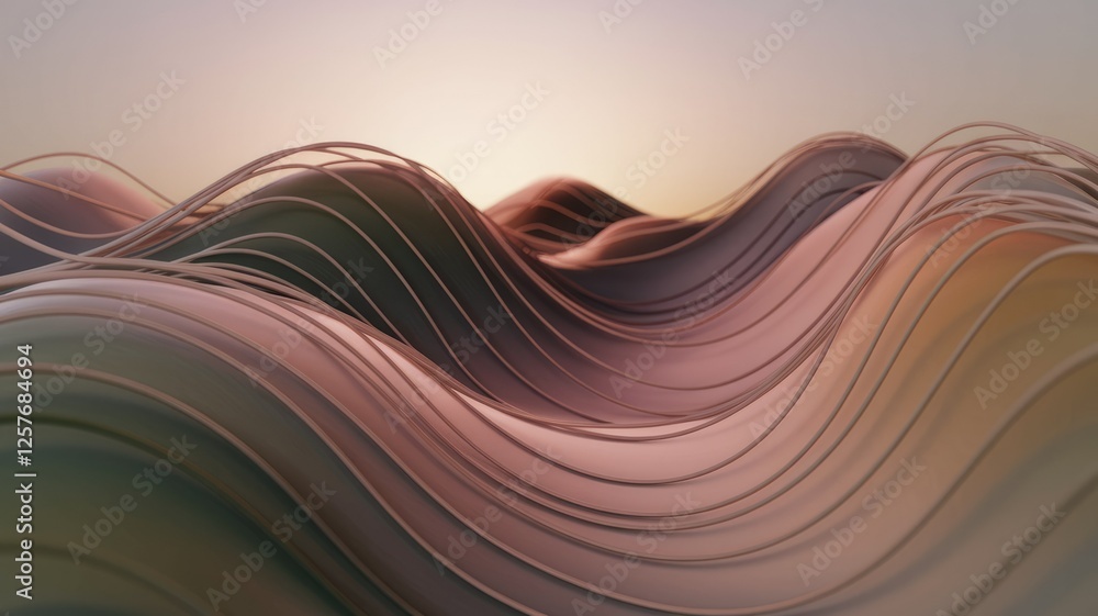 Poster Abstract 3D rendering of flowing, wavy lines in muted pink and green tones, creating a sense of depth and movement.
