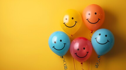 This image shows a group of colorful balloons with smiley faces on them. The balloons are blue, yellow, orange, red, and pink.