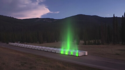 Laser light show displaying green beams over mountain landscape at dusk nature photography scenic view