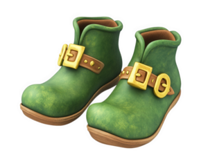 Whimsical green leprechaun shoes with golden buckles and wooden soles, perfect for festive occasions and playful themes