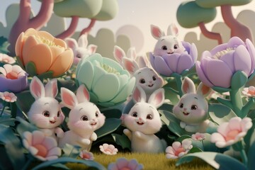 Adorable bunnies nestled amongst pastel flowers in a whimsical garden.