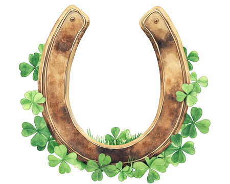 golden horseshoe surrounded by vibrant clovers symbolizes good luck and prosperity. This charming illustration evokes sense of nature and fortune