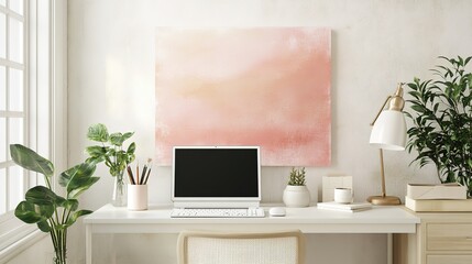 Modern Home Office Workspace With Pink Artwork