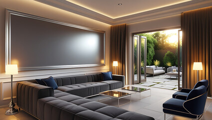 Modern Living Room Interior with ISO A Paper Size Poster Mockup – Elegant 3D Render Design
