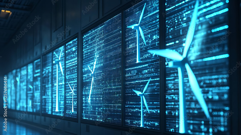 Poster innovative wind energy data analysis technology hub digital art high-tech environment close-up view 