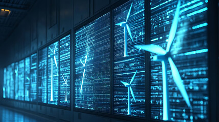 Innovative wind energy data analysis technology hub digital art high-tech environment close-up view renewable concept