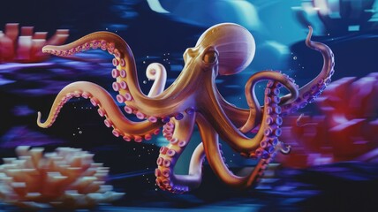 Obraz premium A vibrant, 3D-rendered octopus gracefully swims amidst glowing coral reefs in a captivating underwater scene.
