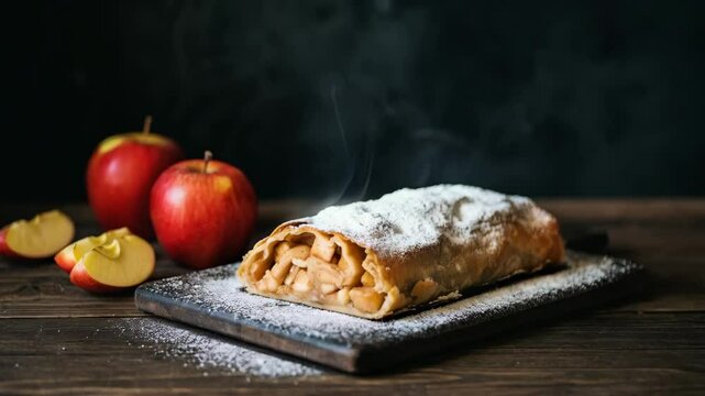 Delicious apple strudel preparation with fresh apples on wooden table at rustic kitchen setting