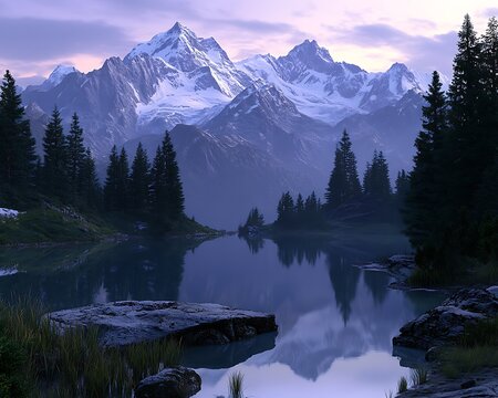 A tranquil mountain lake surrounded by snow-capped peaks and evergreen forests in soft twilight