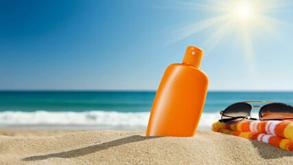 Bright beach day with sunscreen and sunglasses ready for sunbathing and relaxation at the seaside