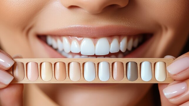 Smiling lips display teeth shades alongside a professional dental shade guide