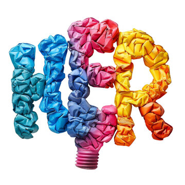 Vibrant Rainbow Crumpled Paper Lightbulb forming the word 'HPR'