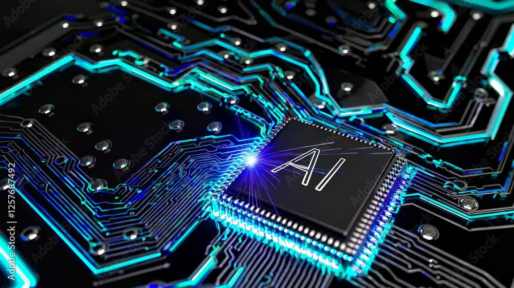 Poster close-up video of a glowing ai microchip on a circuit board, showcasing futuristic technology with a