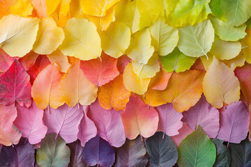 Colorful autumn leaves arranged in gradient pattern showcasing seasonal transition