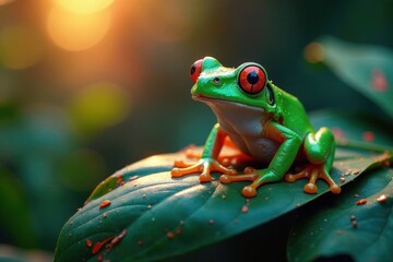 Naklejka premium A Vibrant Green Frog with Striking Red Eyes Perched on a Lush, Dew-Kissed Leaf at Sunset