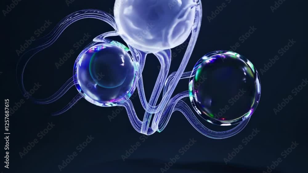 Aufkleber glowing molecular structures merging and shifting, with soft energy pulses and misty trails creating a futuristic
