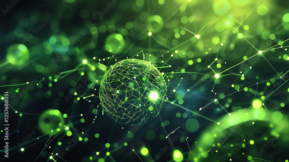 Poster glowing green sphere made of interconnected lines and dots on a dark background.