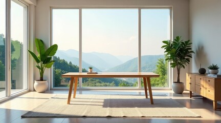 Naklejka premium Serene Minimalist Living Room with Panoramic Mountain View and Light Wood Furniture