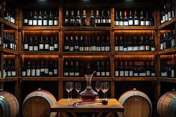 A sophisticated wine cellar, filled with an extensive collection of wine bottles, barrels, glasses, and decanter, creating a luxurious atmosphere.