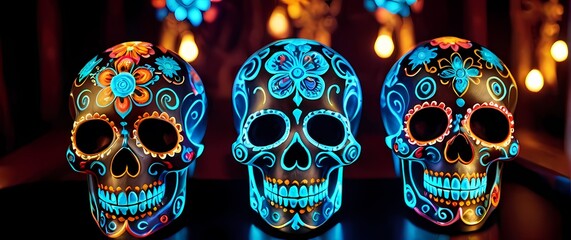 Whirling sugar skulls adorned with intricate designs inviting revelry and appreciation for cultural traditions during a vibrant festival