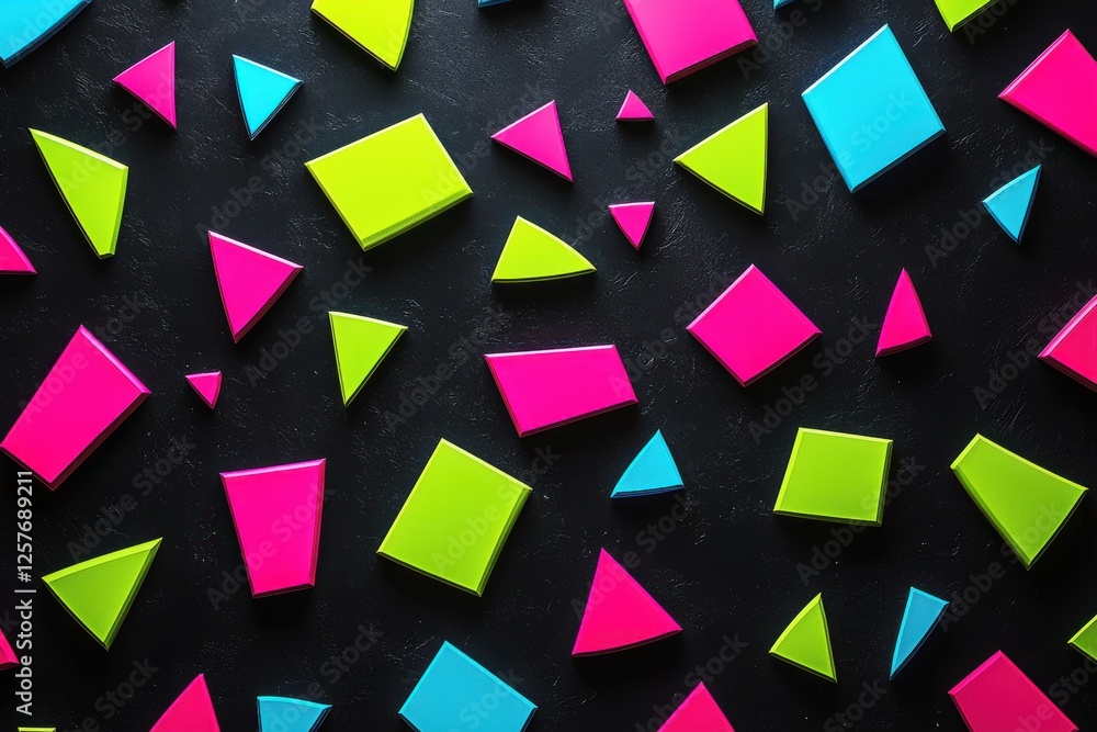 Poster abstract geometric pattern with vibrant neon colors and shapes like triangles and squares on a dark 