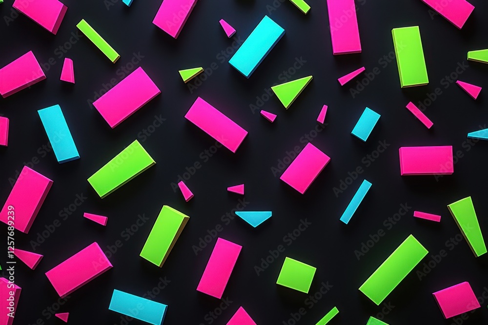 Poster abstract 80s and 90s style background with floating shapes and bright neon colors on a dark surface,