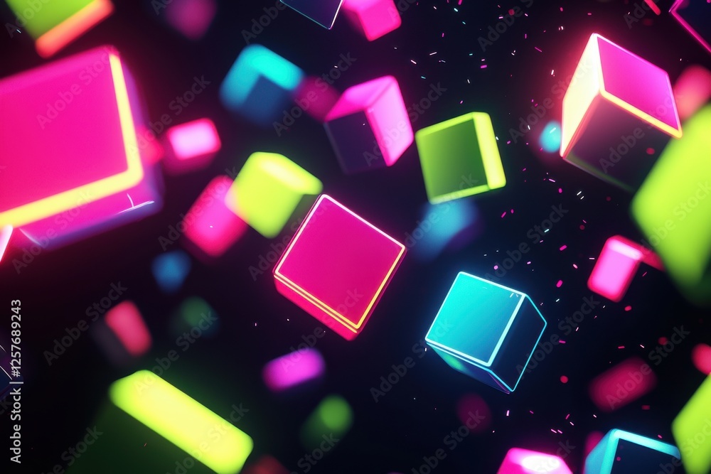 Poster dynamic and abstract 3d illustration of floating, glowing neon cubes in various bright colors, creat
