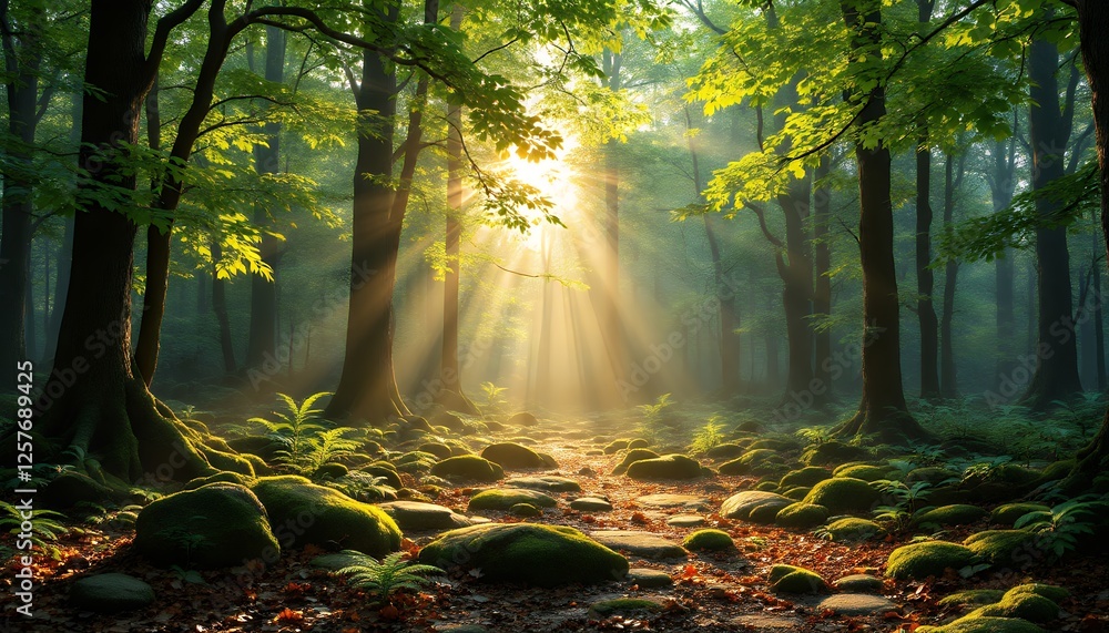 Poster sunlight streams through the majestic forest creating an enchanting atmosphere