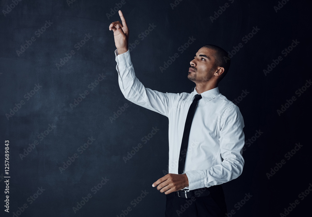 Poster Cyberspace, interface and virtual reality with business man on black background for connection. Access, biometrics and metaverse with user in dark for cloud computing or futuristic networking