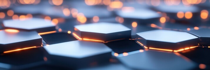 Abstract futuristic technology background with glowing hexagons and light effects on a dark blue, white, and orange color palette.
