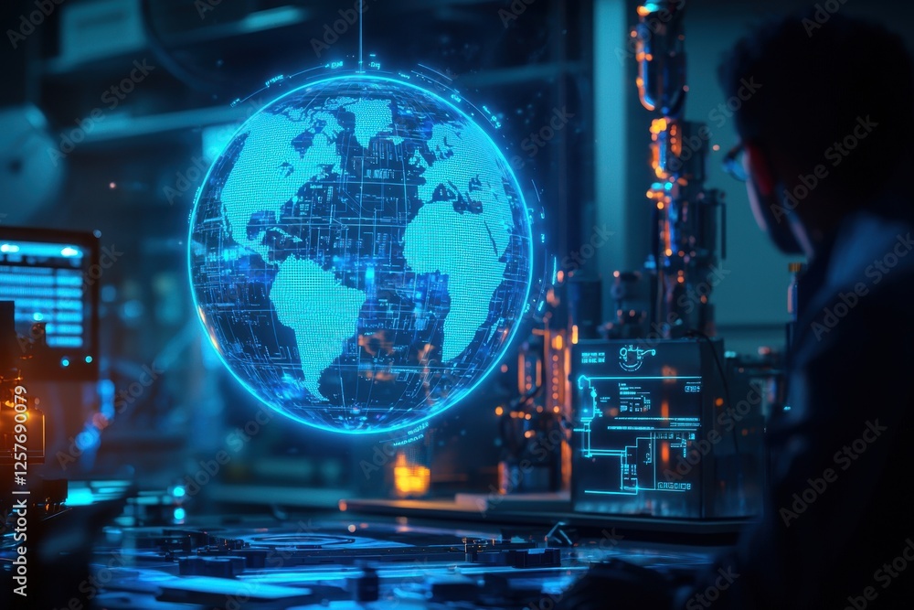 Poster a futuristic tech lab with a globe interface, data visualization, and a person working on a cyber co