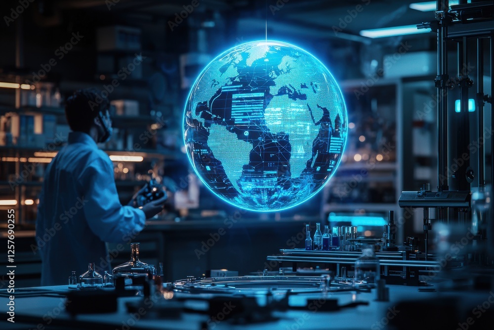 Poster a scientist in a laboratory observes a glowing hologram of the earth, representing global data and t