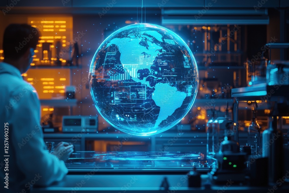 Poster futuristic science laboratory with a scientist analyzing a holographic representation of the globe. 