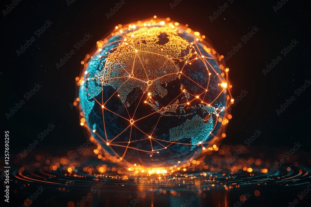 Poster global network concept illustration of the earth, with connected lines and dots, representing digita