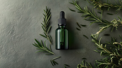 A dark green glass essential oil bottle with a black dropper cap, beautifully styled alongside fresh rosemary sprigs and scattered rosemary leaves on a neutral matte surface
