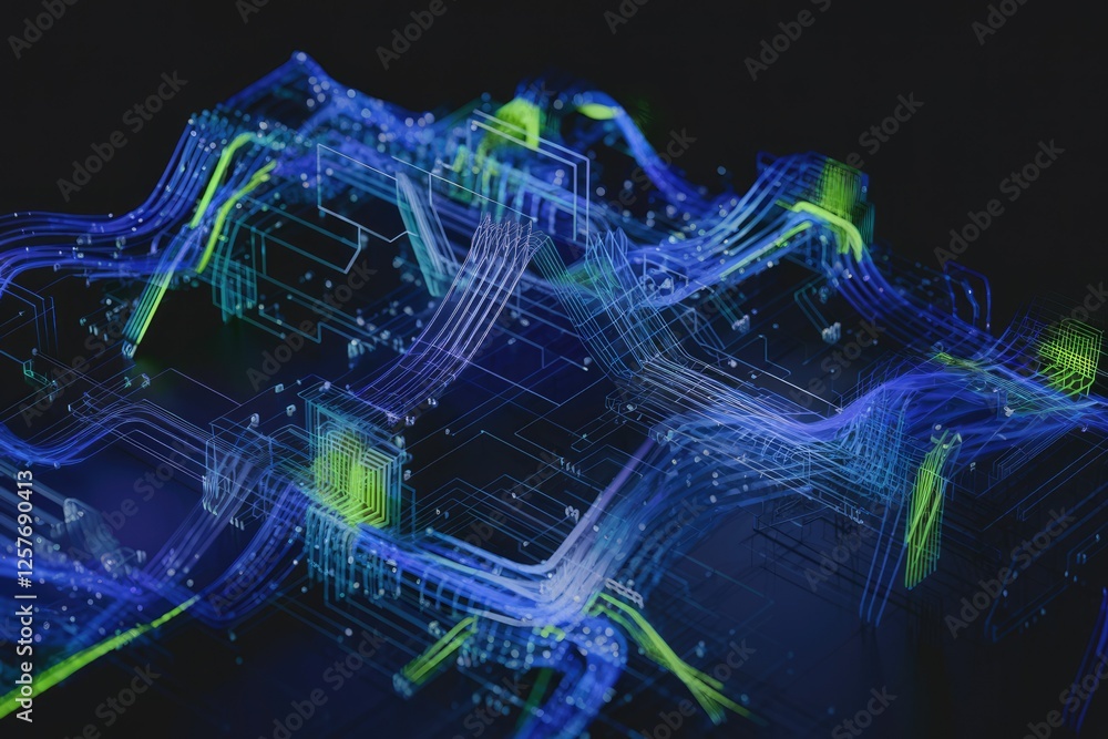 Poster Abstract digital illustration of interconnected circuits and data streams, showcasing complex network and technology.