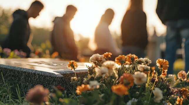 A graveside service with mourners placing flowers on a casket being lowered into the ground, solemn and emotional tone