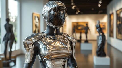 A futuristic, chrome-clad robot figure stands inside a museum, surrounded by classical sculptures and paintings, showcasing the intersection of art and technology.