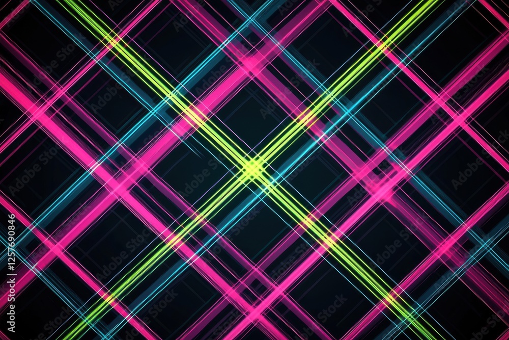 Poster colorful grid pattern background featuring neon pink, green and blue lines, creating a dynamic and m