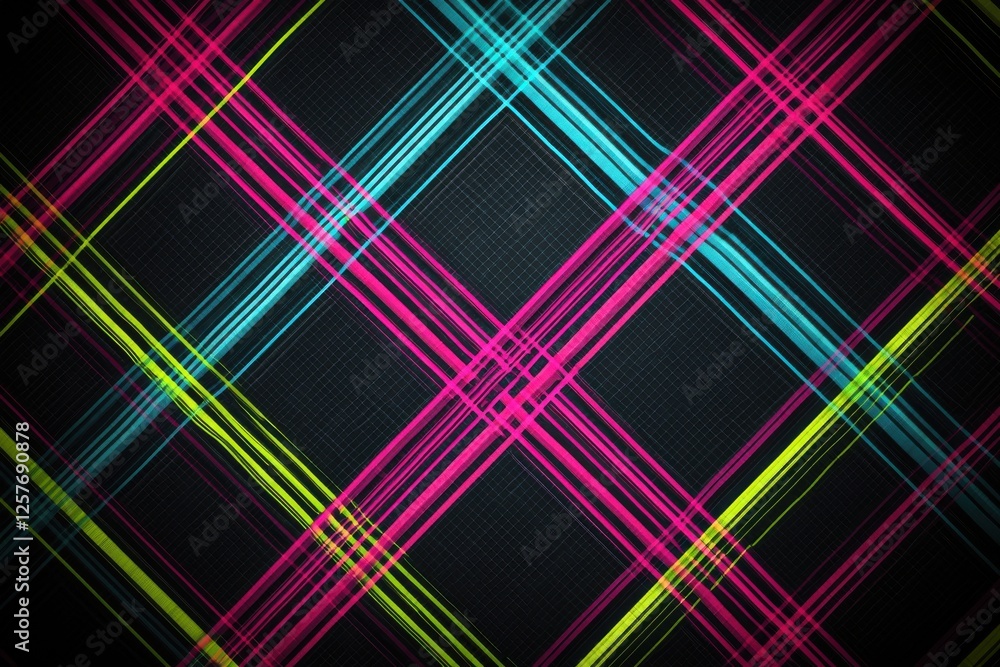 Aufkleber abstract crisscross lines design in neon pink, green and cyan on a dark grid texture, creating a mod
