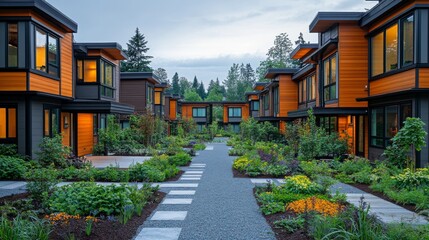 Urban real estate modern townhouses with green spaces aerial view