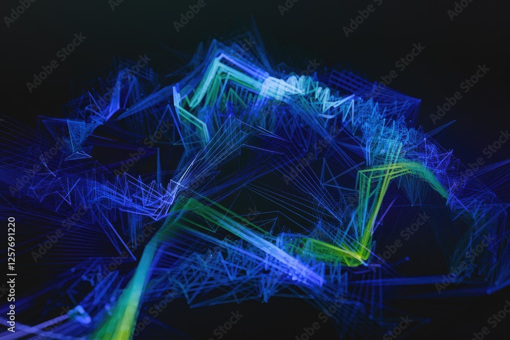 Aufkleber Abstract digital art depicting interconnected lines and nodes forming a complex network of glowing blue and green hues.